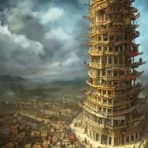 01213-2847468738-A realistic photo of the Babel tower, 4k, detailed, trending in artstation, fantasy vivid colors, photorealism, historical photo.webp
